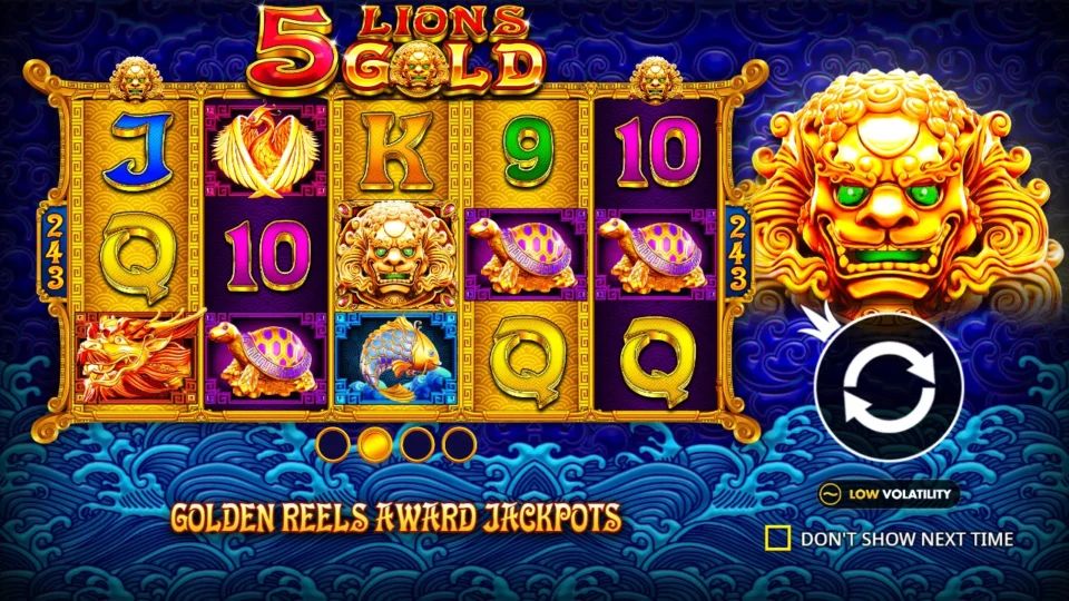 5 Lions Gold: Second intro slide: golden reels award jackpots, two gold reels among the five