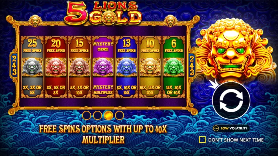 5 Lions Gold: Third intro slide: seven free spins packages from 25 spins at 2x to 5x down to 6 spins at 15x to 40x, plus the mystery lion