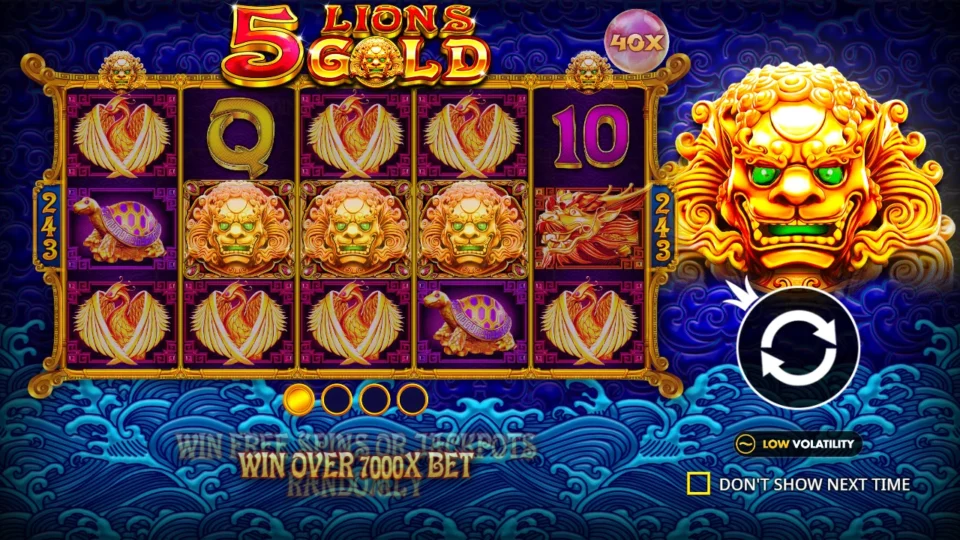 5 Lions Gold: Intro slide: the gold lion Wild with a 40x badge, win free spins or jackpots randomly, the low volatility badge