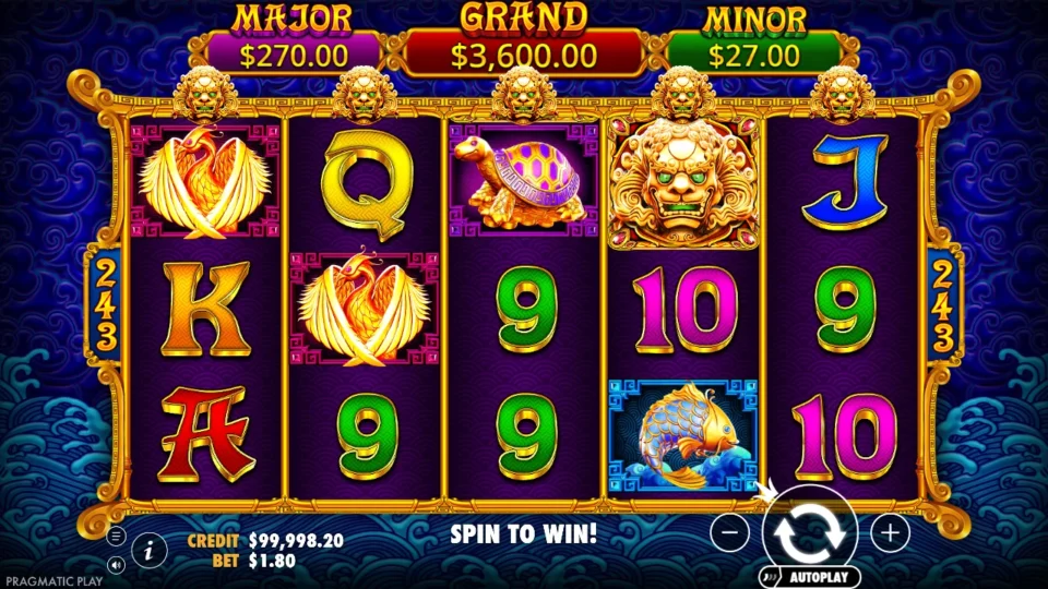 5 Lions Gold: Idle 5x3 reels at USD 1.80 after the intro, credit USD 99,998.20, the Minor, Major and Grand values above the reels and a gold lion Wild on reel four