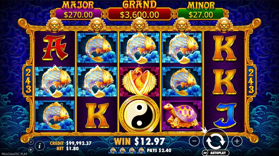 5 Lions Gold: Nine koi across four reels pay USD 12.97 in ordinary play, a yin-yang Scatter on reel three