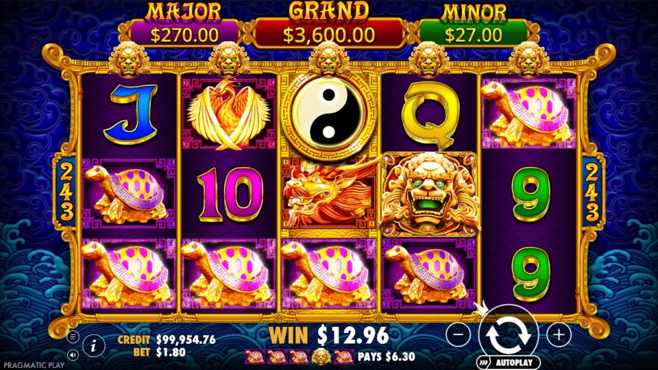 5 Lions Gold: Five turtles along the bottom row with a Wild on reel four pay USD 12.96, a Scatter on reel three