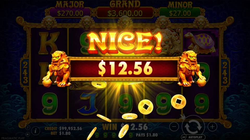 5 Lions Gold: The NICE! banner for a USD 12.56 ordinary win, five nines across the bottom row