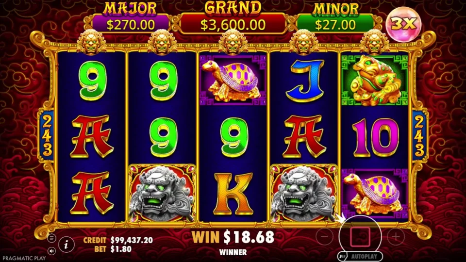 5 Lions Gold: A 3x draw shown in the top corner while two silver Wilds on reels two and four lift the counter to USD 18.68