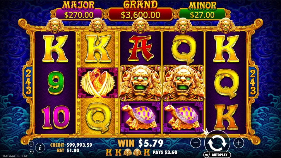 5 Lions Gold: Two gold lion Wilds on reels three and four complete four Kings for USD 5.79 in ordinary play