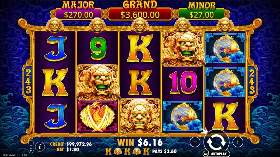 5 Lions Gold: Four Kings through two Wilds pay USD 6.16 in ordinary play