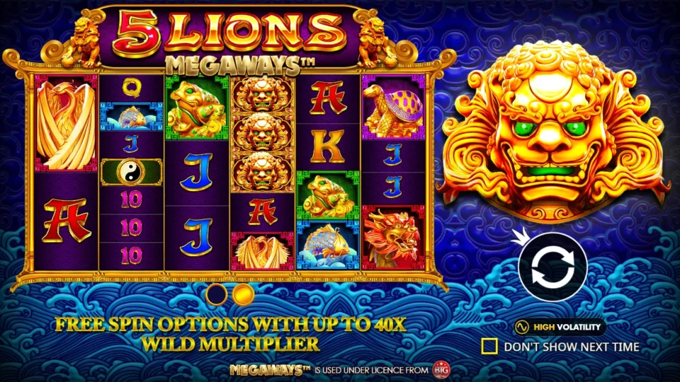 5 Lions Megaways: The English introduction shows the lion wild and free-spins feature.