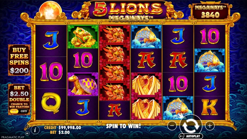 5 Lions Megaways: Six changing reels at a USD 2 normal stake; Ante is off.