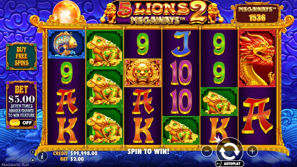 5 Lions Megaways 2: Six-reel base game at USD 2, with Ante off