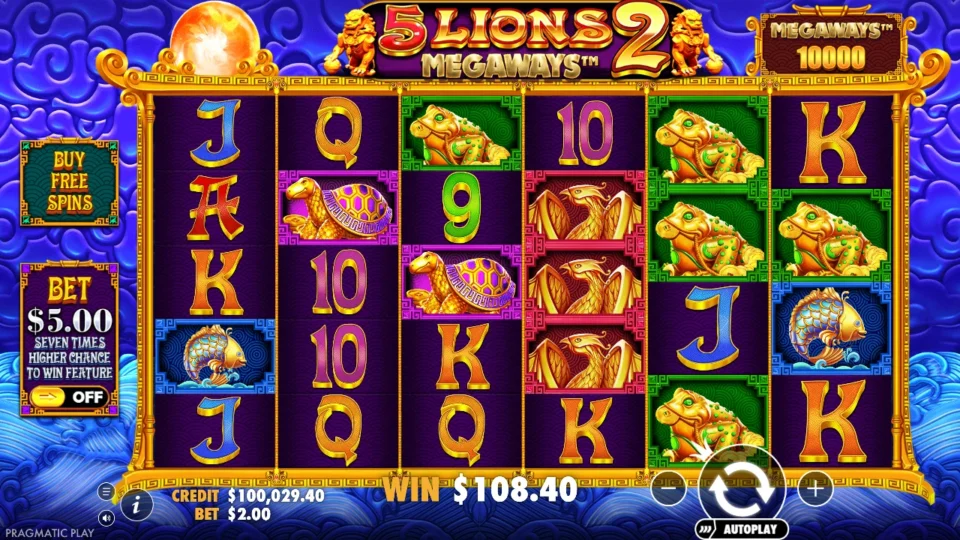 5 Lions Megaways 2: USD 108.40 base-game result on media spin 53 (separate media session)