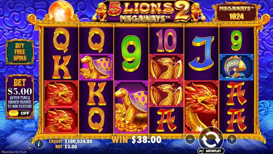 5 Lions Megaways 2: a USD 38 tumble win with 1,024 ways in play