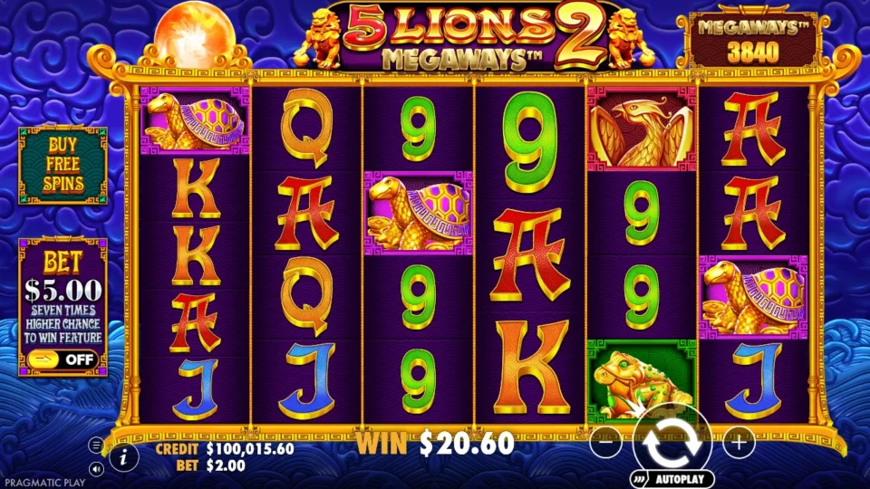 5 Lions Megaways 2: USD 20.60 settles at 3,840 ways