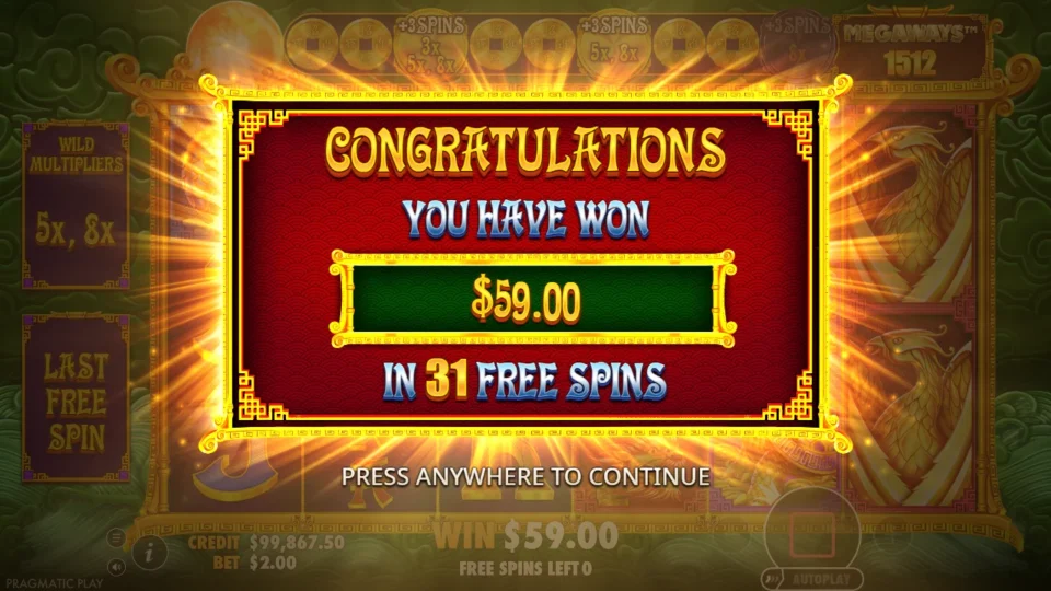 5 Lions Megaways 2: Purchased free spins result: USD 59 from a USD 200 entry (separate media session)