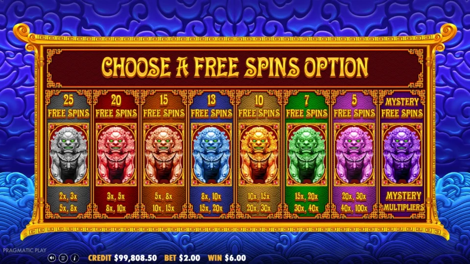 5 Lions Megaways 2: Free spins selection: the first lion offers 25 spins with 2x, 3x, 5x and 8x multipliers
