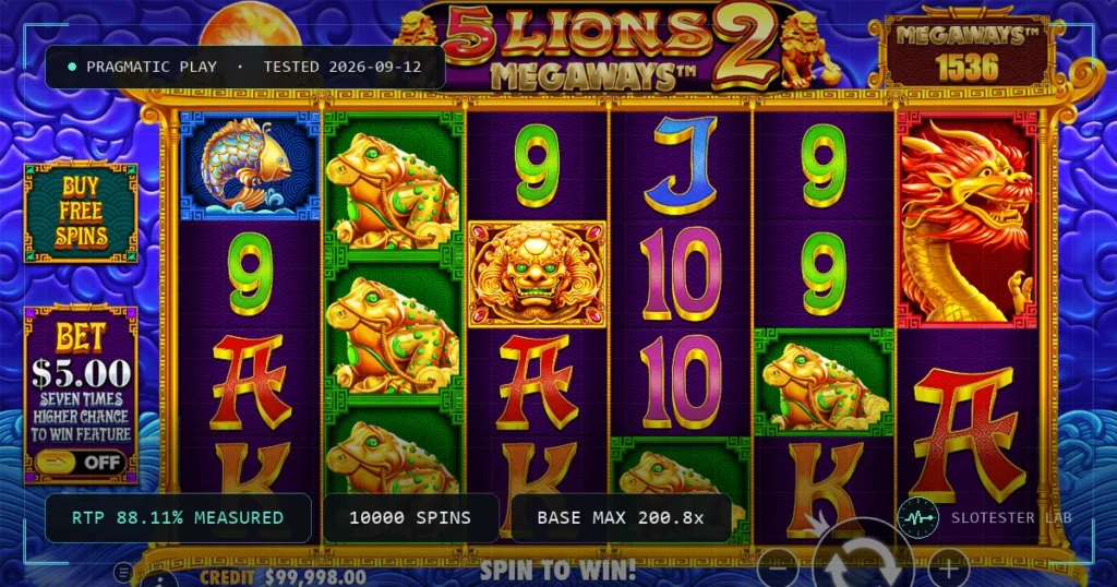 5 Lions Megaways 2 — Slotester Lab test cover