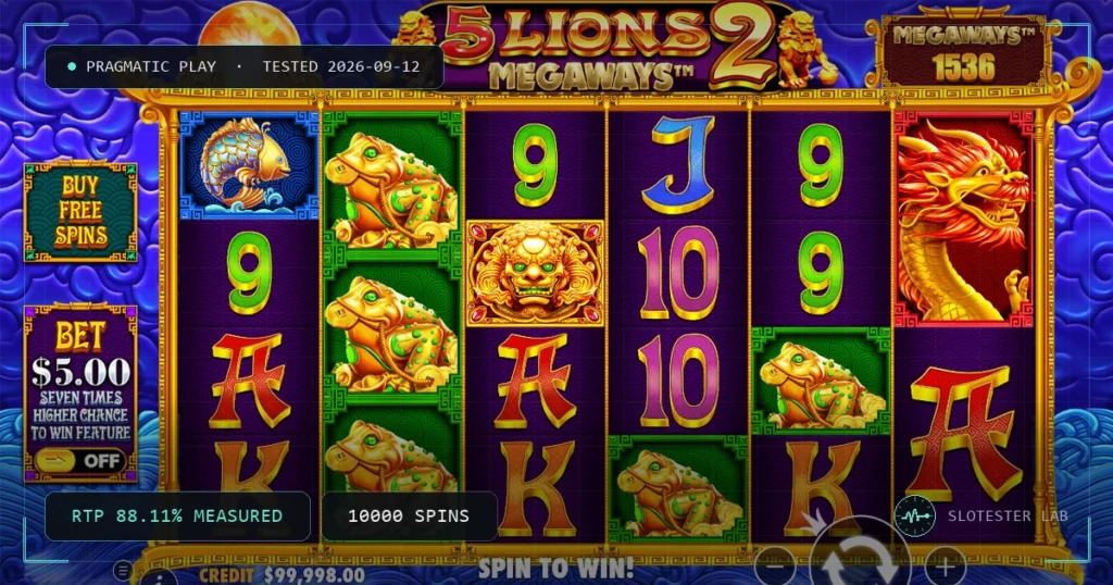 5 Lions Megaways 2 — Slotester Lab test cover