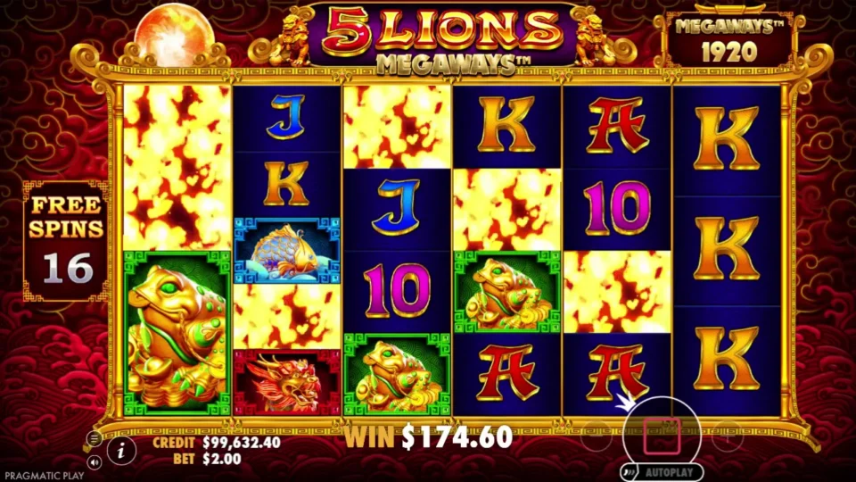 5 Lions Megaways: Winning symbols disappear during a tumble in the recorded 25-spin feature.