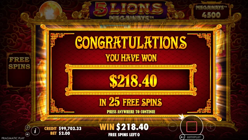 5 Lions Megaways: Purchased bonus result: USD 218.40 in 25 free spins.