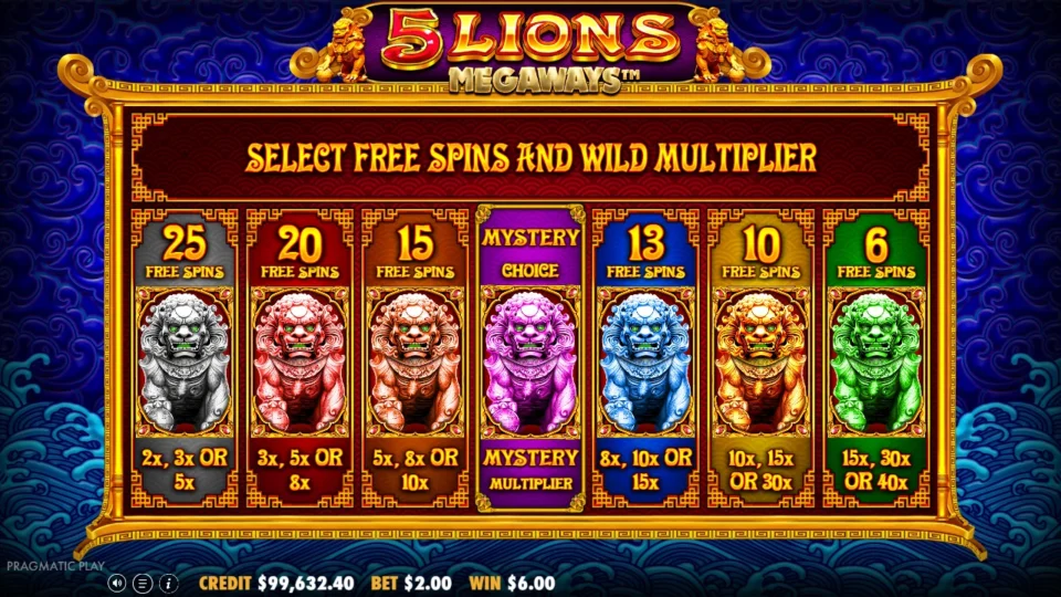 5 Lions Megaways: The purchased feature offers six fixed choices and a mystery option.