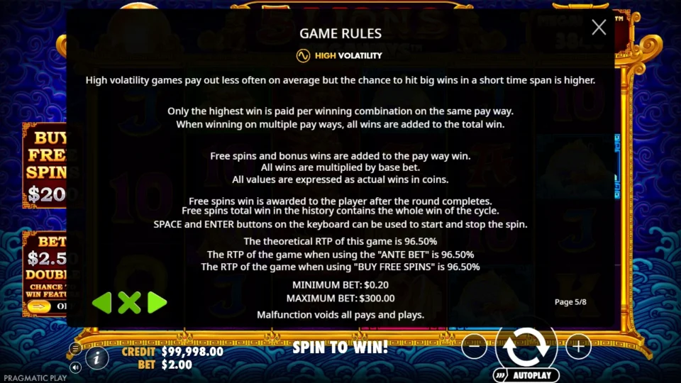 5 Lions Megaways rules, page 5
