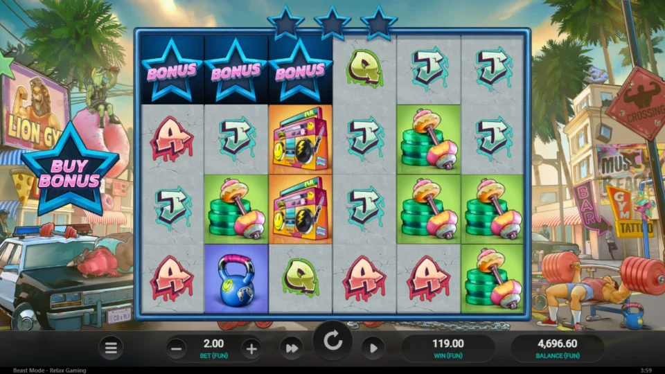 Beast Mode: Three Bonus stars across the top row on the spin that opened the recorded natural round, FUN 119.00 in the win box