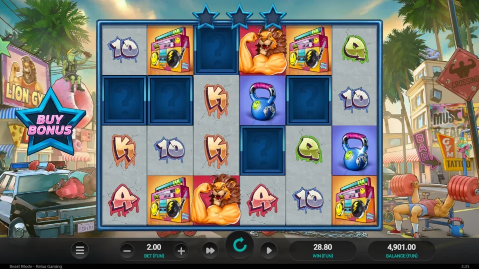 Beast Mode: Random Mystery Spin: seven question-mark boxes about to reveal one symbol, 28.80 already on the win meter