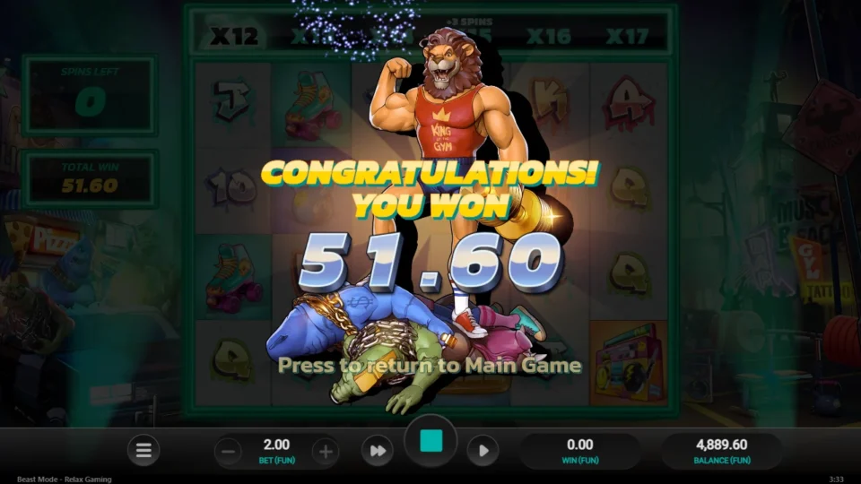 Beast Mode: Result of the purchased free spins: FUN 51.60 with the ladder stopped at x12 after a +3 spins step