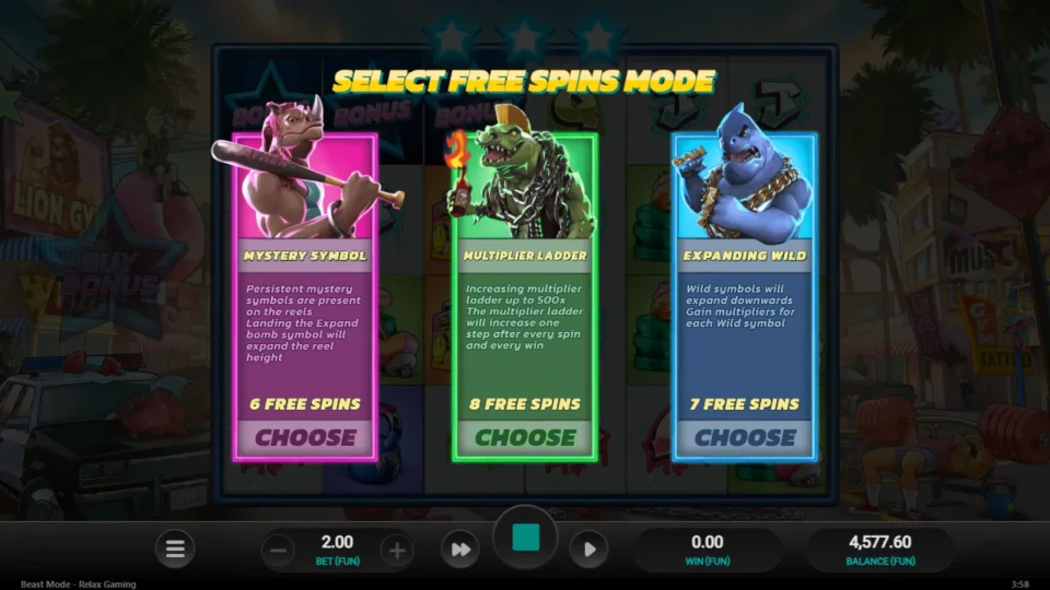 Beast Mode: Select free spins mode: Mystery Symbol with 6 spins, Multiplier Ladder with 8, Expanding Wild with 7; the lab took the ladder