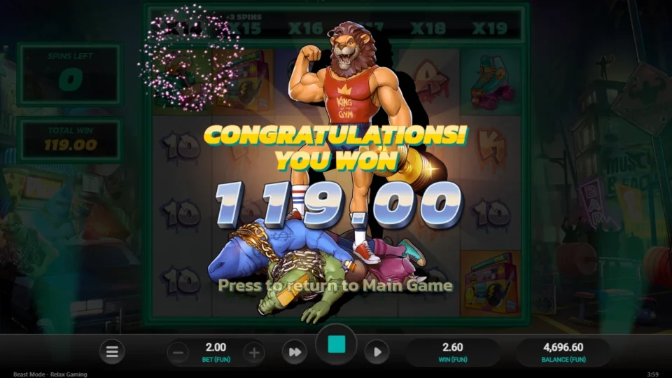 Beast Mode: The natural round closes at FUN 119.00 with the ladder on x14, three extra spins earned at x15