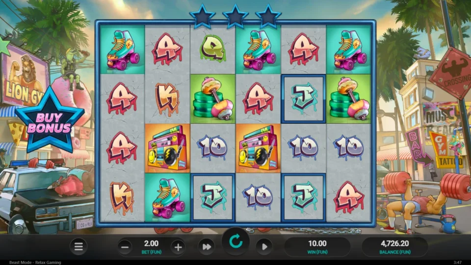 Beast Mode: Adjacent-reel win of FUN 10.00 with the paying Jacks framed on reels three, four and five