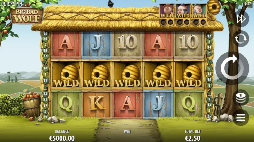 Big Bad Wolf: Demo base game at a EUR 2.50 total bet, a row of honeycomb Wilds on the start screen
