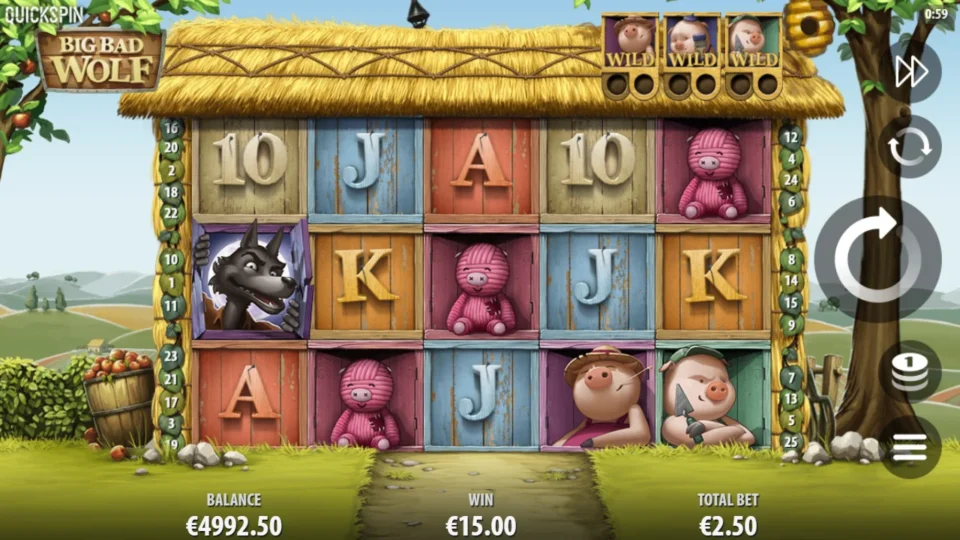 Big Bad Wolf: EUR 15.00 base win with a Wolf Scatter on reel one