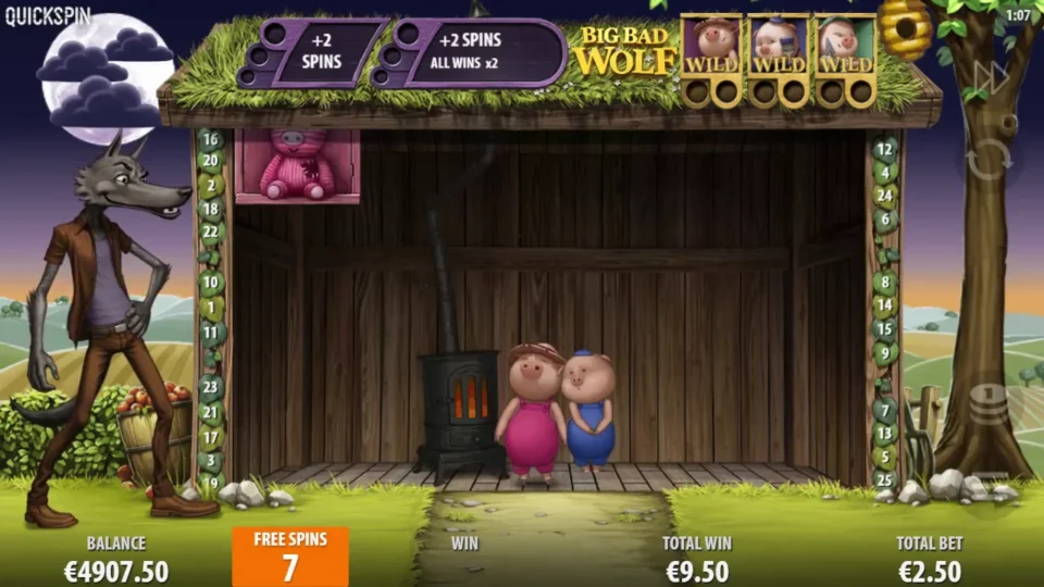 Big Bad Wolf: Three moons collected and the first house blown down, EUR 9.50 in with 7 spins left