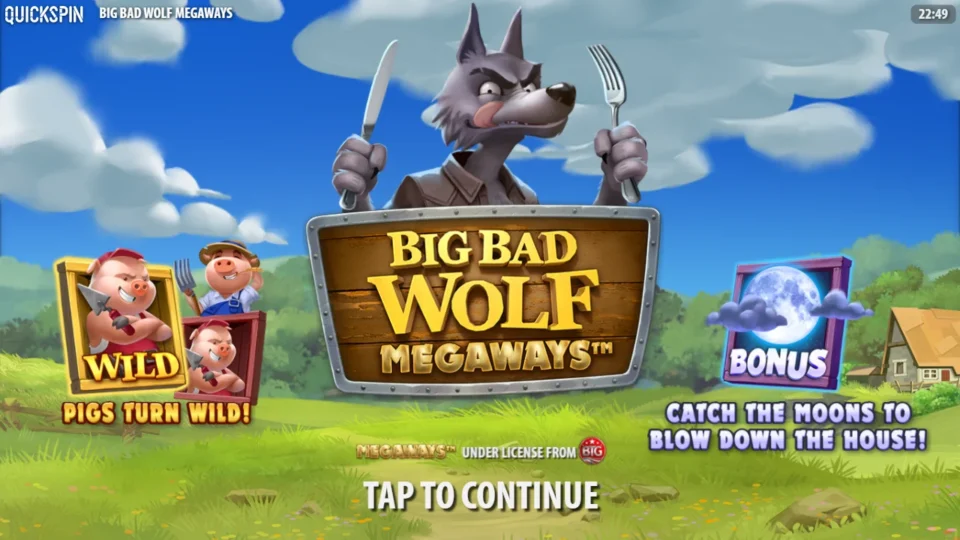 Big Bad Wolf MEGAWAYS: Intro screen: pigs turn Wild, and caught moons blow down the house