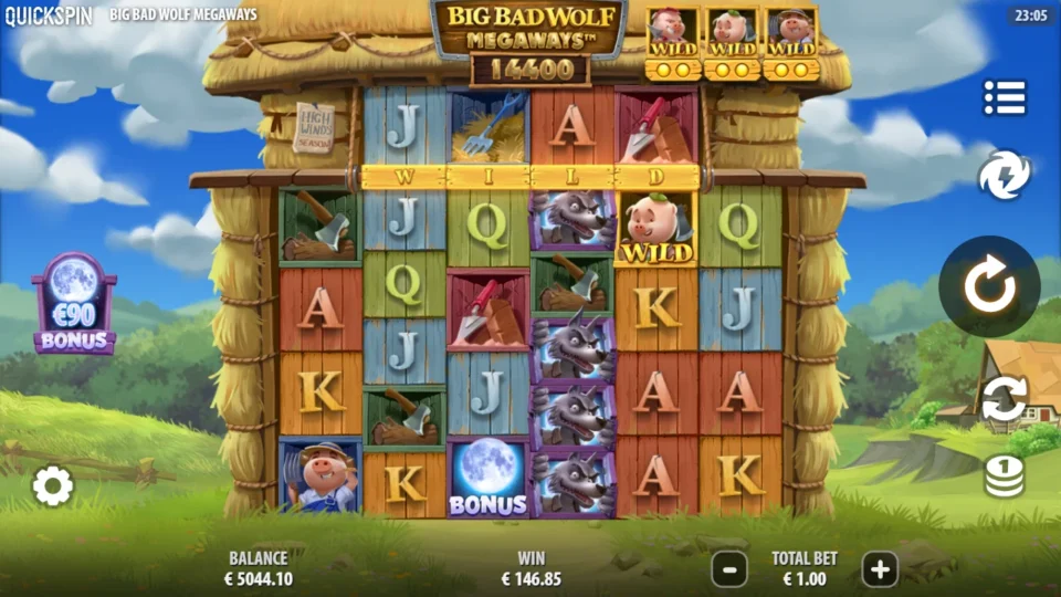 Big Bad Wolf MEGAWAYS: Base spin paying EUR 146.85 on a 14,400-way board