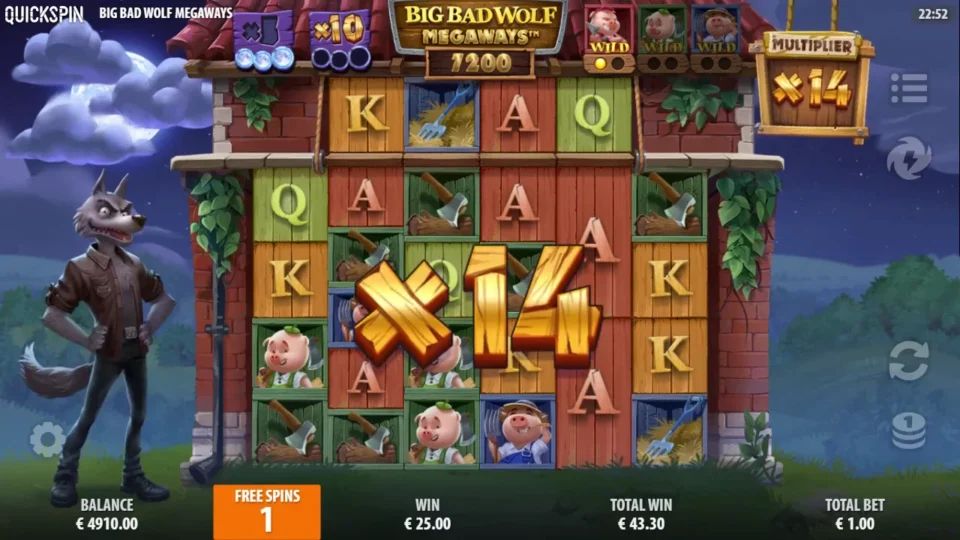 Big Bad Wolf MEGAWAYS: Free spins multiplier at x14 with EUR 43.30 collected and one spin left