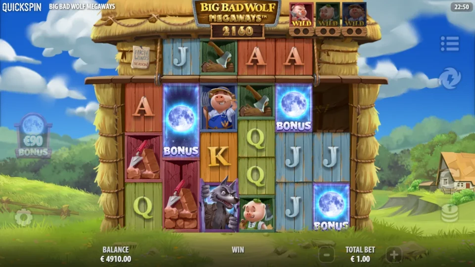 Big Bad Wolf MEGAWAYS: Three Moon Bonus scatters after the EUR 90 buy, 2,160 ways on the board