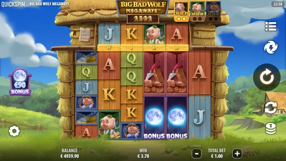 Big Bad Wolf MEGAWAYS: Two Moon Bonus scatters, one short of free spins, during a EUR 3.70 win