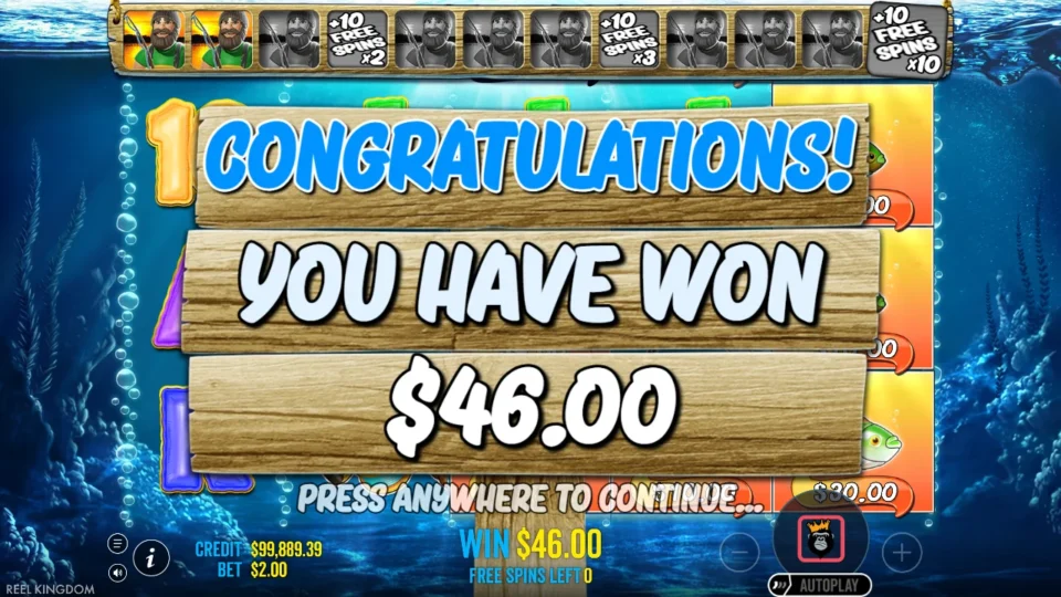 Big Bass Bonanza: free spins result: 46.0 (natural trigger)