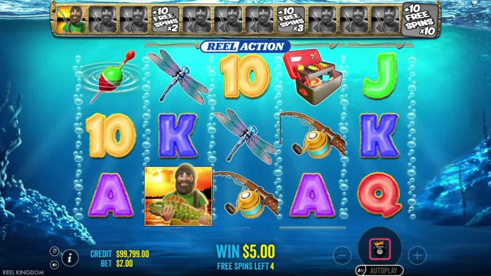 Big Bass Bonanza Reel Action: A fishless fisherman fills the first meter position; WIN stays at USD 5
