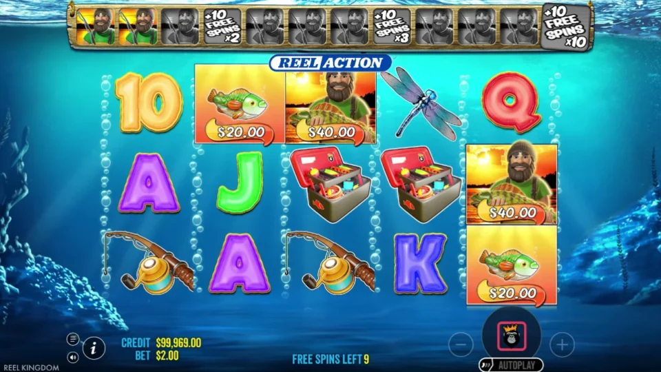 Big Bass Bonanza Reel Action: Two fisherman wilds collect USD 40 apiece from the money fish