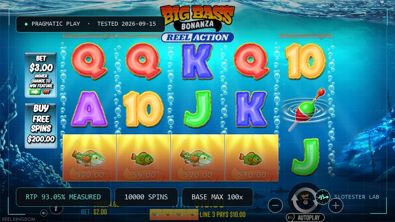 Big Bass Bonanza Reel Action slot review card, Slotester Lab test