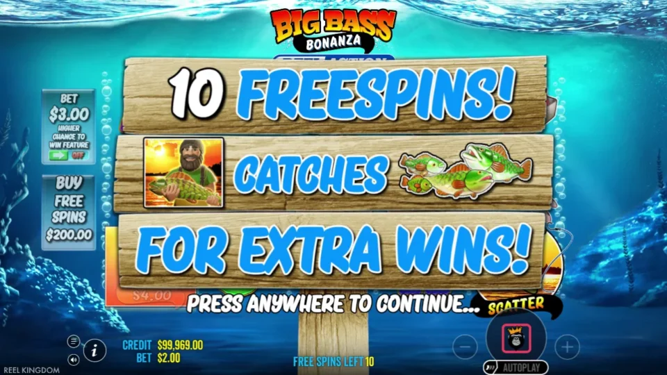 Big Bass Bonanza Reel Action: Ten free spins awarded after the natural scatter trigger