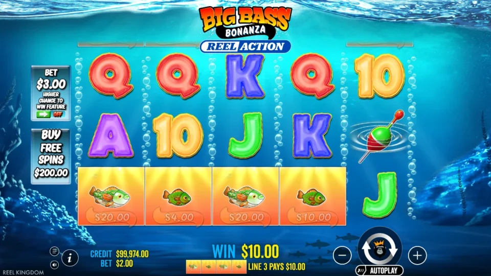 Big Bass Bonanza Reel Action: Four fish along the bottom row pay USD 10 in base play
