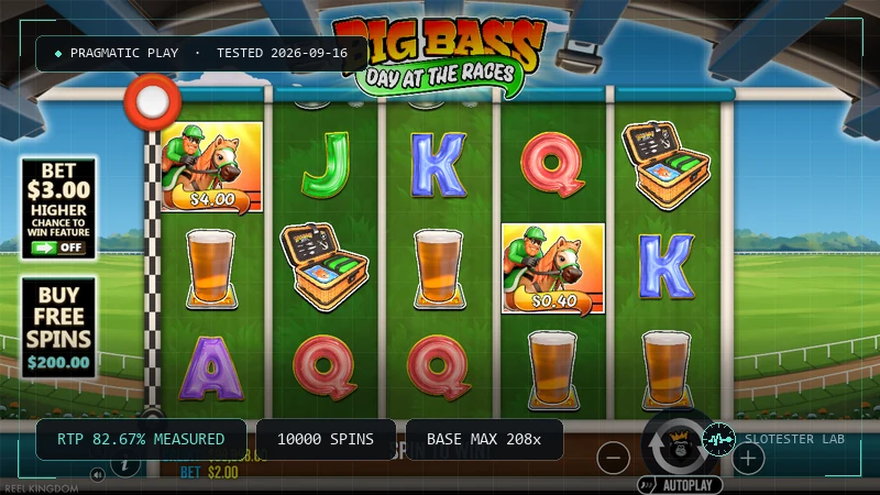 Big Bass Day at the Races slot review card, Slotester Lab test