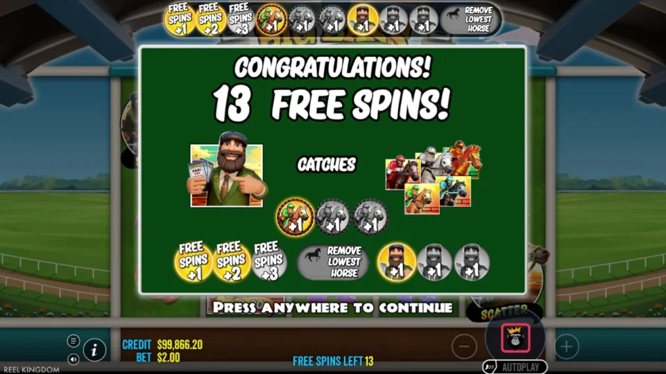 Big Bass Day at the Races: Selected horse modifiers raise the starting award to 13 free spins