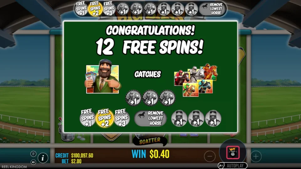 Big Bass Day at the Races: The purchased feature starts with 12 free spins and USD 0.40 already on WIN