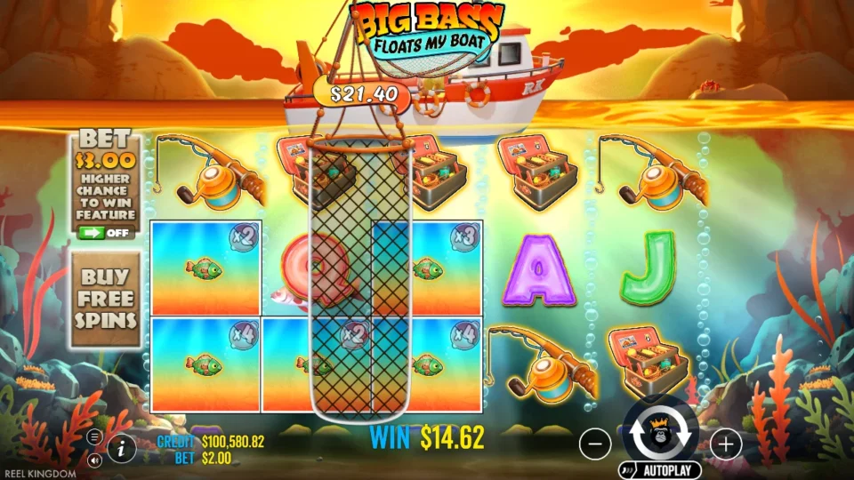 Big Bass Floats My Boat: The net shows a USD 21.40 catch while the win counter catches up