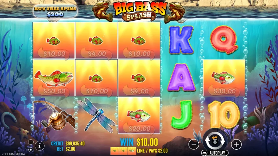 Big Bass Splash: Fish symbols pay USD 10 on the ordinary lines at a USD 2 stake