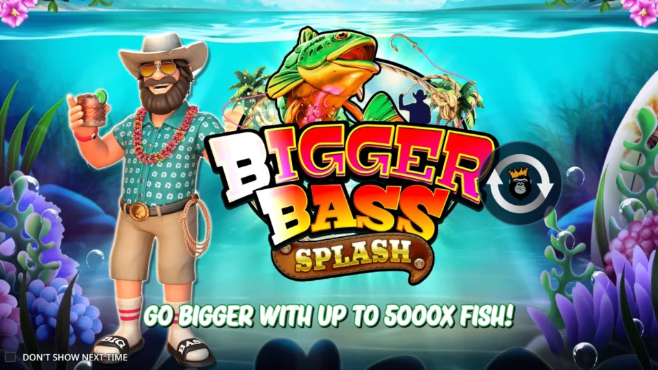 Bigger Bass Splash: Fisherman in a flowered shirt and lei raises a drink beside the logo, with fish worth up to 5000x promised below
